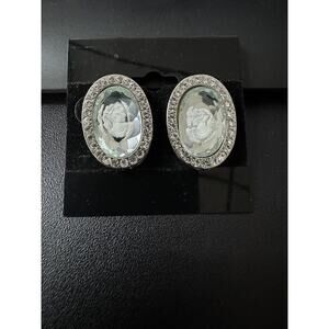 Cameo Holographic Silver Tone Rhinestone Oval Earrings Regency Retro Preppy